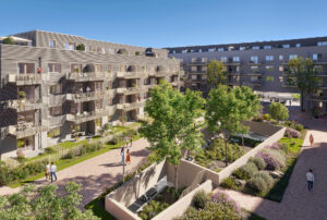 Grüner Quartiersplatz mit Durchwegung unter den Deichhäusern zur Daumstraße. Visualisierung: BUWOG